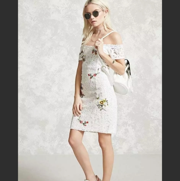 FOREVER 21 NWT Cream Knit Multicolor Floral Embroidered Off The Shoulder Dress L - Picture 15 of 16